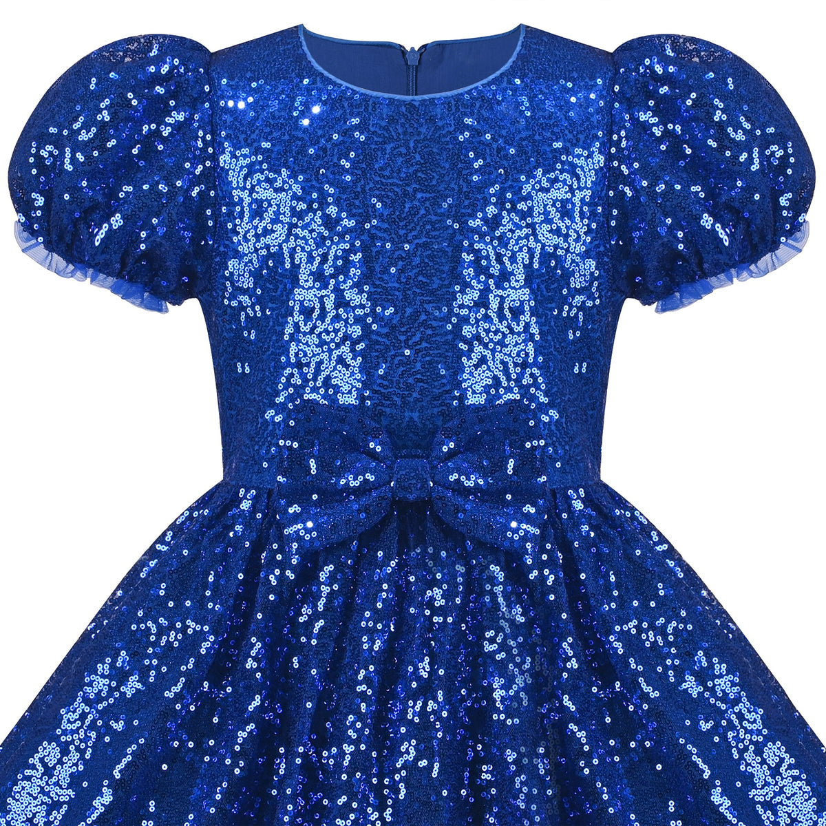 Girls Dress Sequin Shiny Rainbow Color Puffy Ruffle Bud Short Sleeve - Sparkling Blue