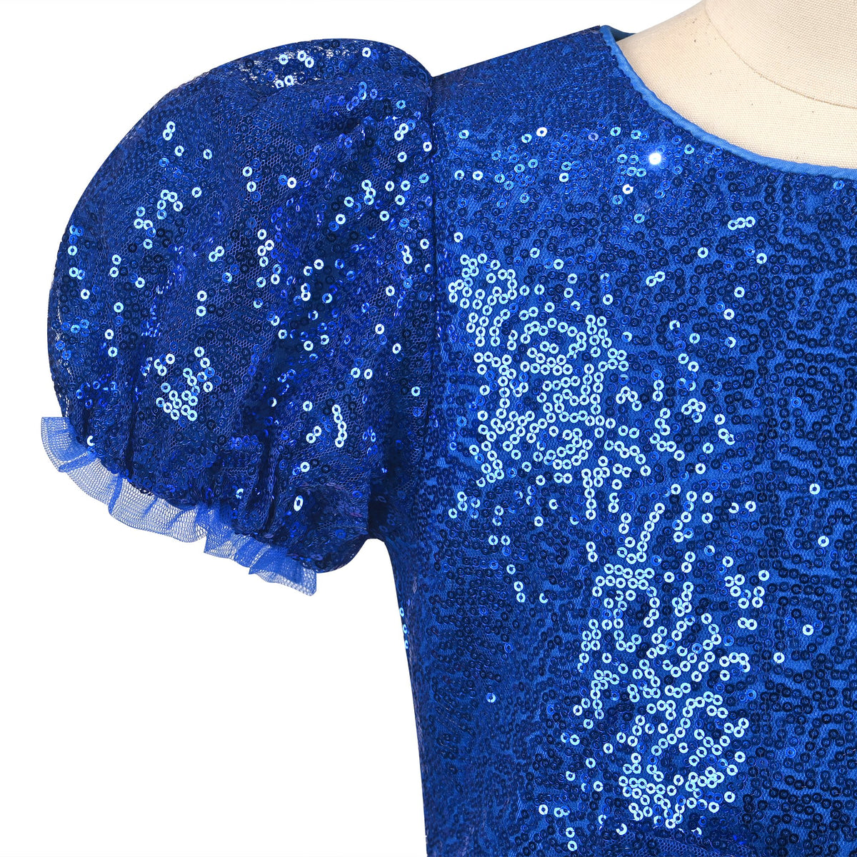 Girls Dress Sequin Shiny Rainbow Color Puffy Ruffle Bud Short Sleeve - Sparkling Blue