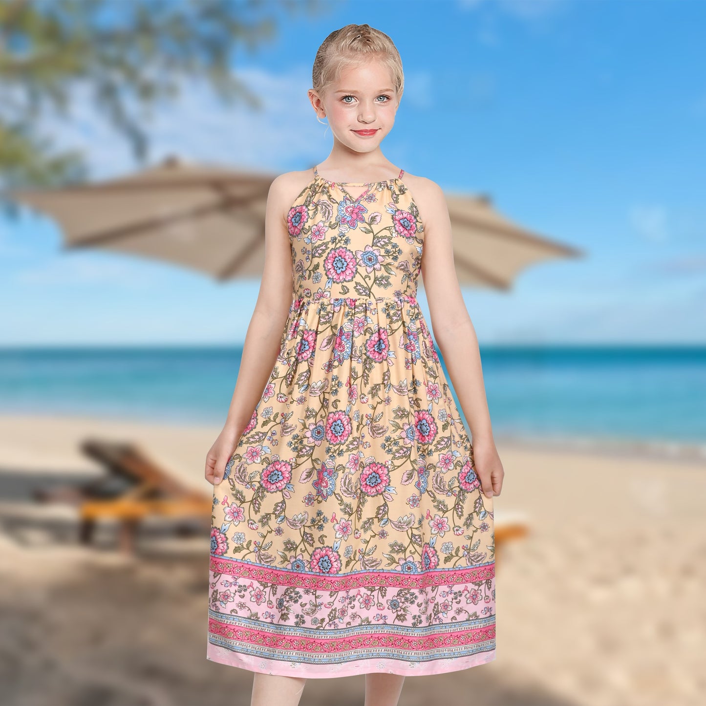 Girls Dress Tie Back Blue Butterfly Casual Dress Party Purple