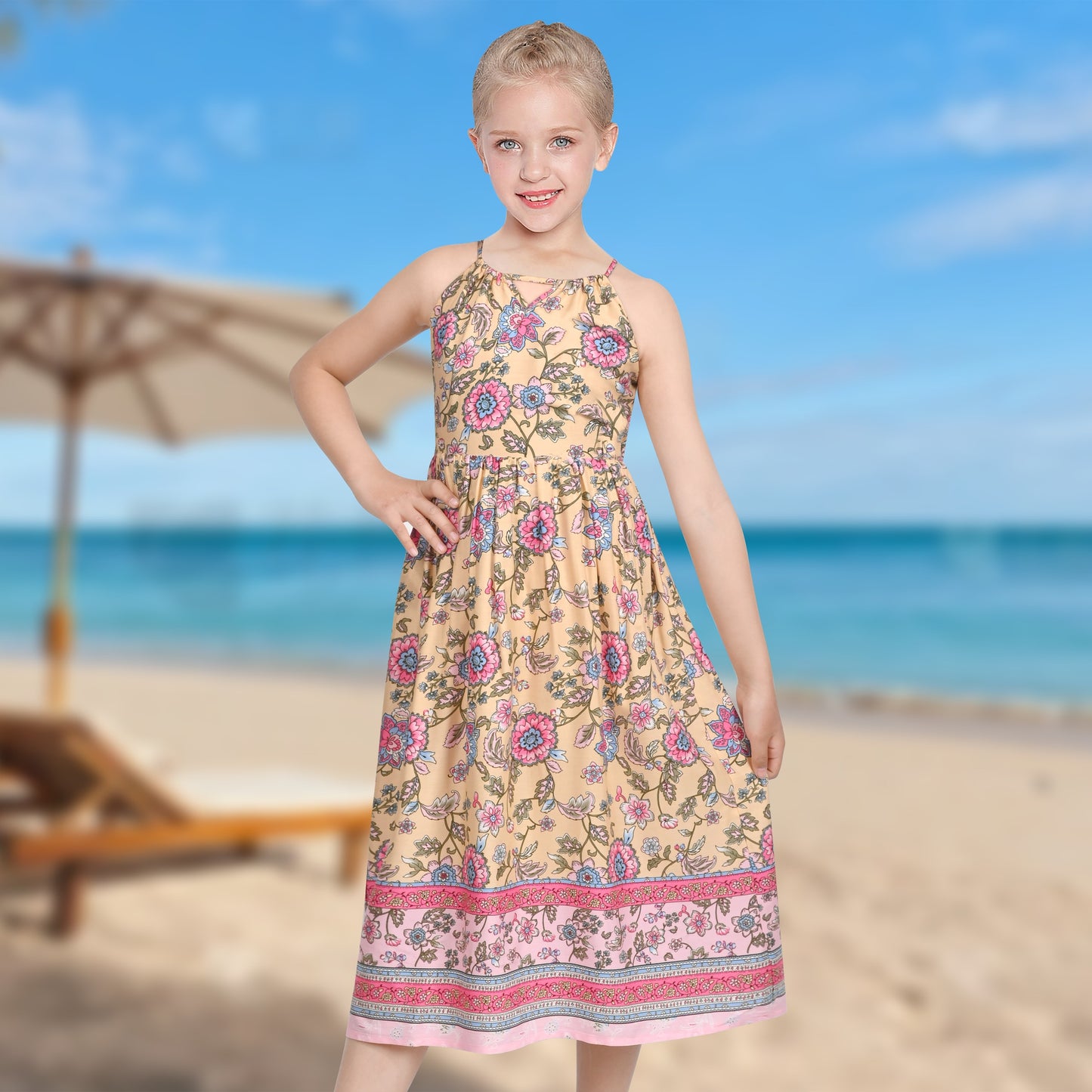 Girls Dress Tie Back Blue Butterfly Casual Dress Party Purple
