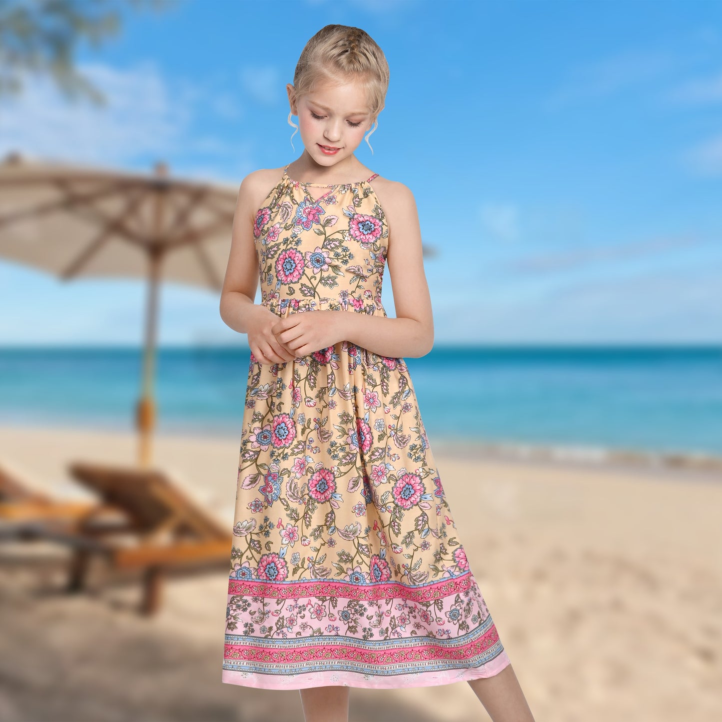 Girls Dress Tie Back Blue Butterfly Casual Dress Party Purple