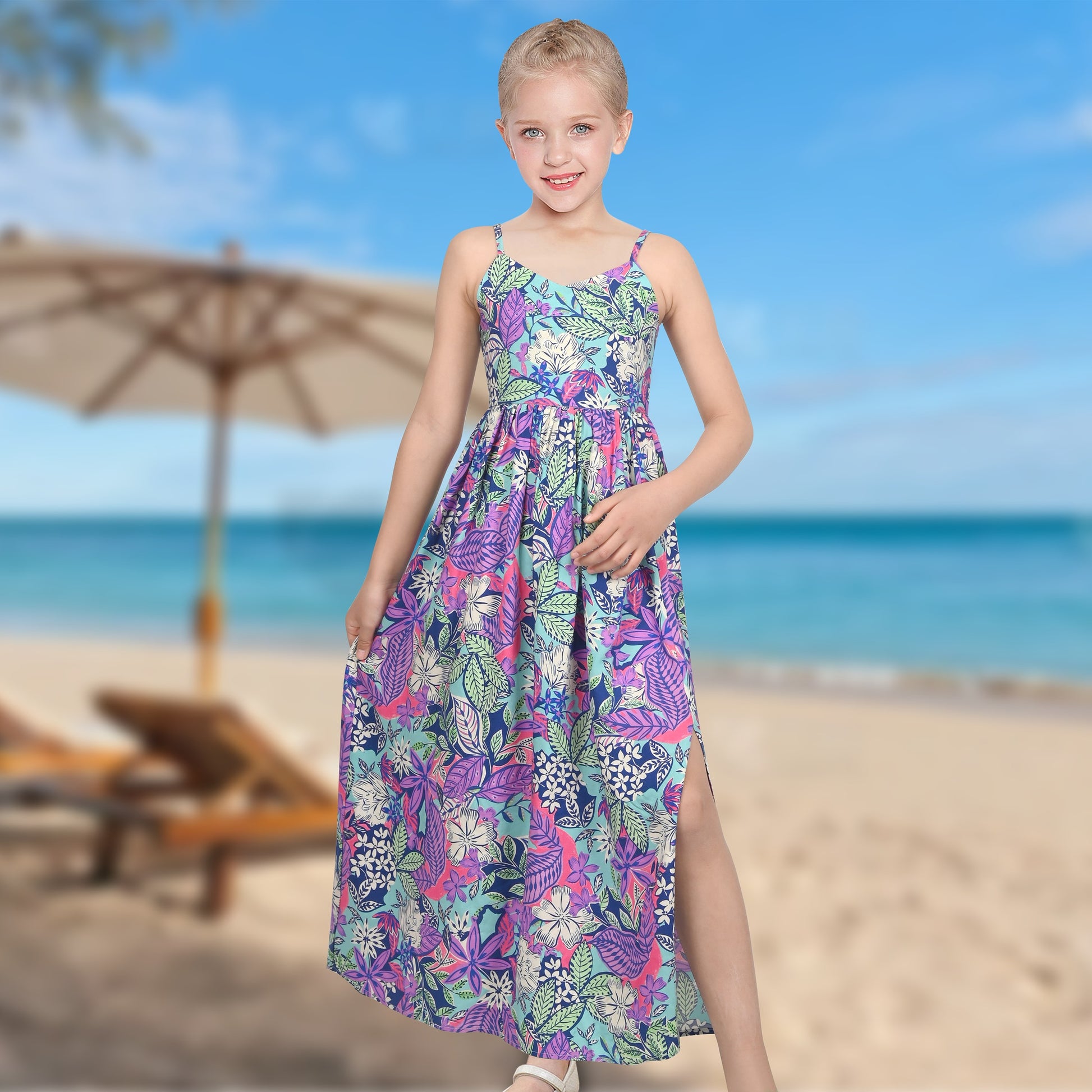 Girls Dress Tie Back Blue Butterfly Casual Dress Party Purple
