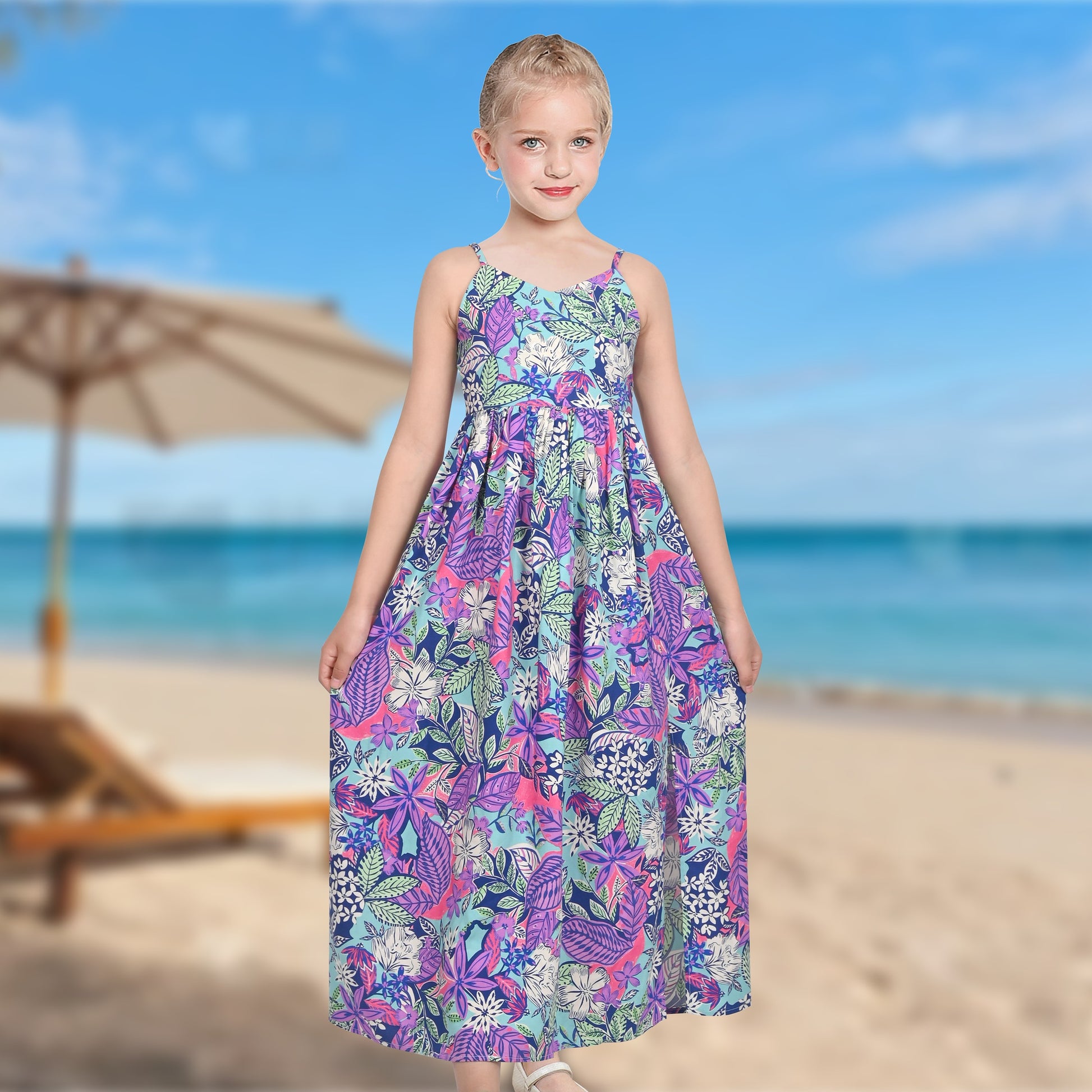 Girls Dress Tie Back Blue Butterfly Casual Dress Party Purple