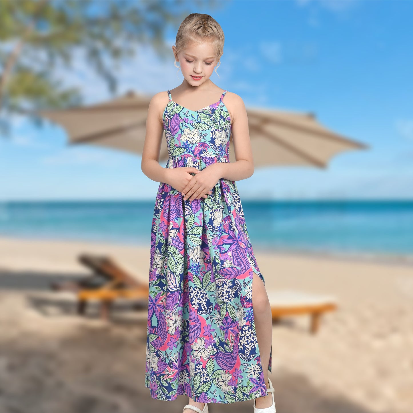 Girls Dress Tie Back Blue Butterfly Casual Dress Party Purple