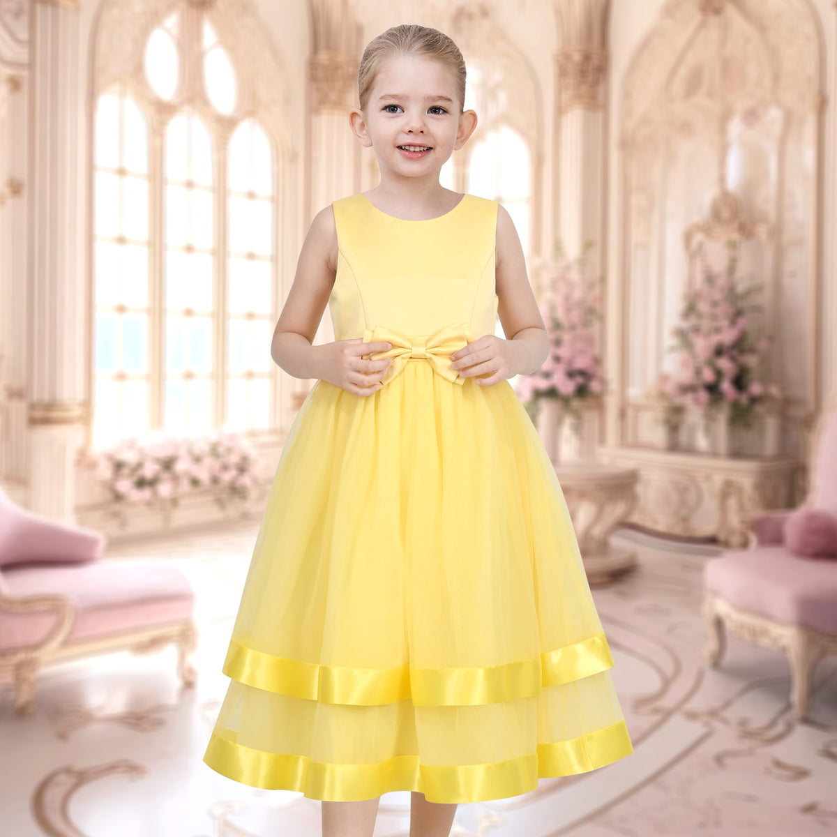 Girls Dress Sleeveless Burgundy Ball Gown Wedding Party Pageant - Yellow