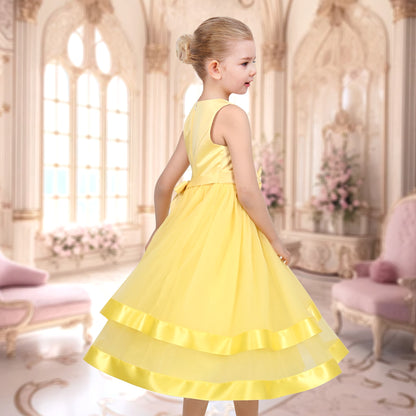 Girls Dress Sleeveless Burgundy Ball Gown Wedding Party Pageant - Yellow
