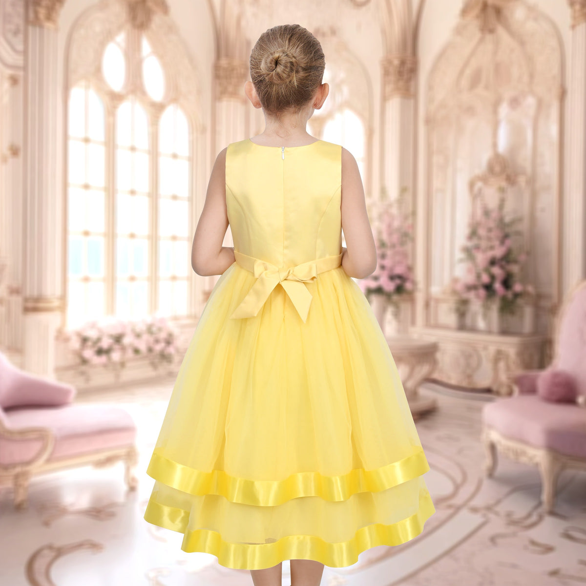 Girls Dress Sleeveless Burgundy Ball Gown Wedding Party Pageant - Yellow