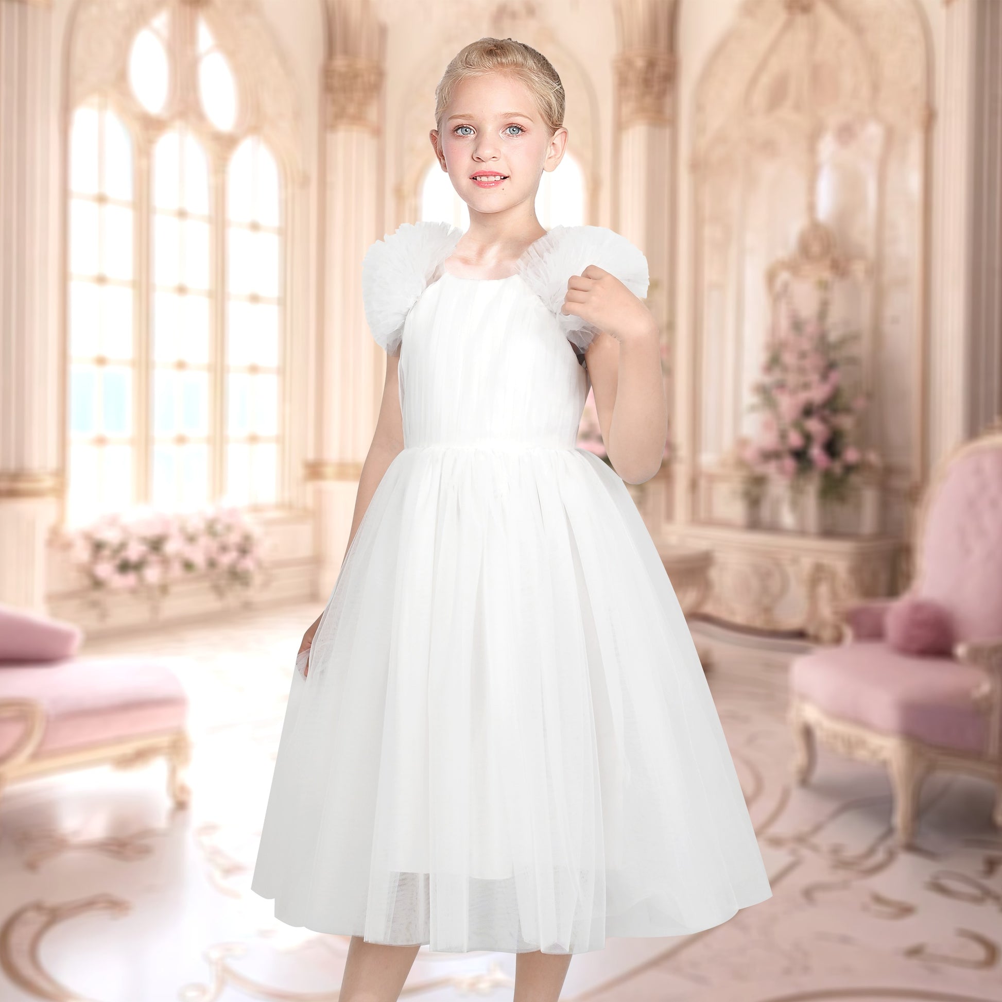 Girls Dress Pink Ruffle Tulle Birthday Party Elegant Formal Bridesmaid White