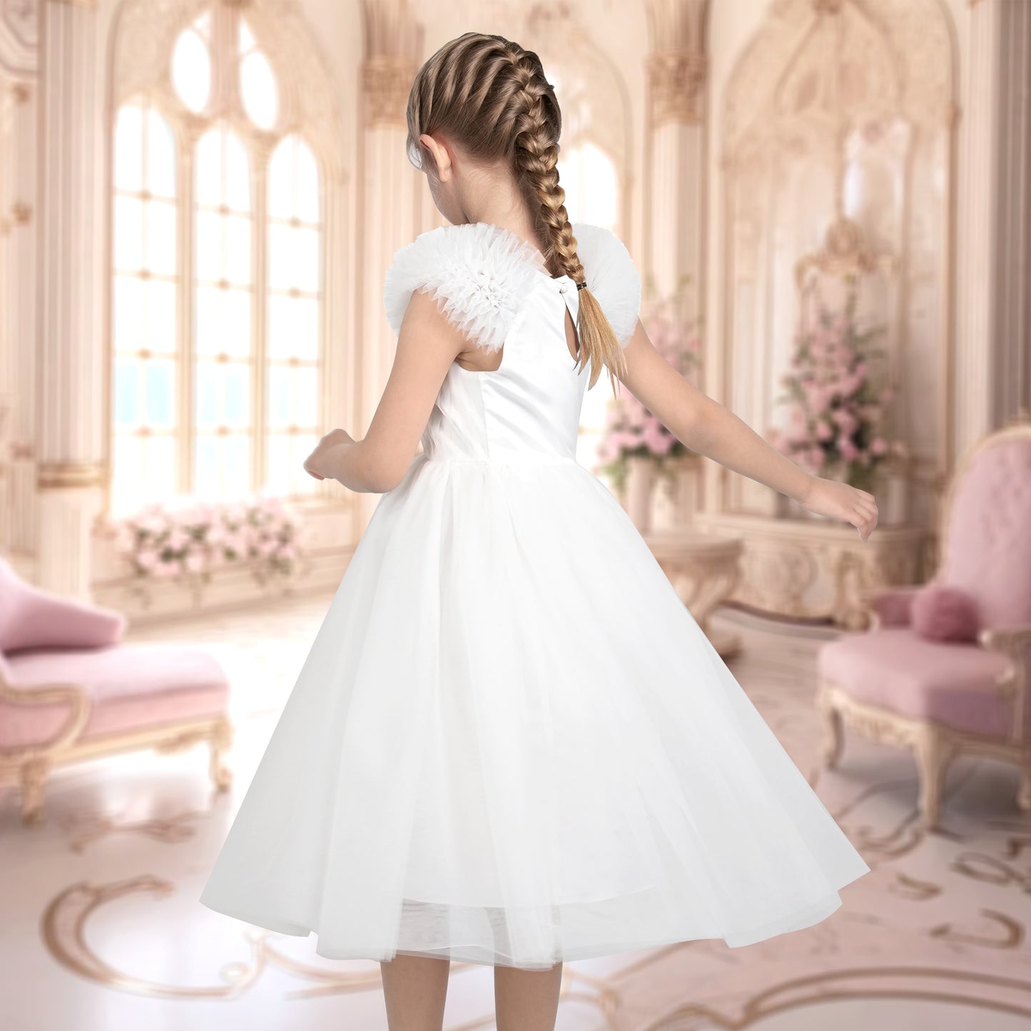 Girls Dress Pink Ruffle Tulle Birthday Party Elegant Formal Bridesmaid White