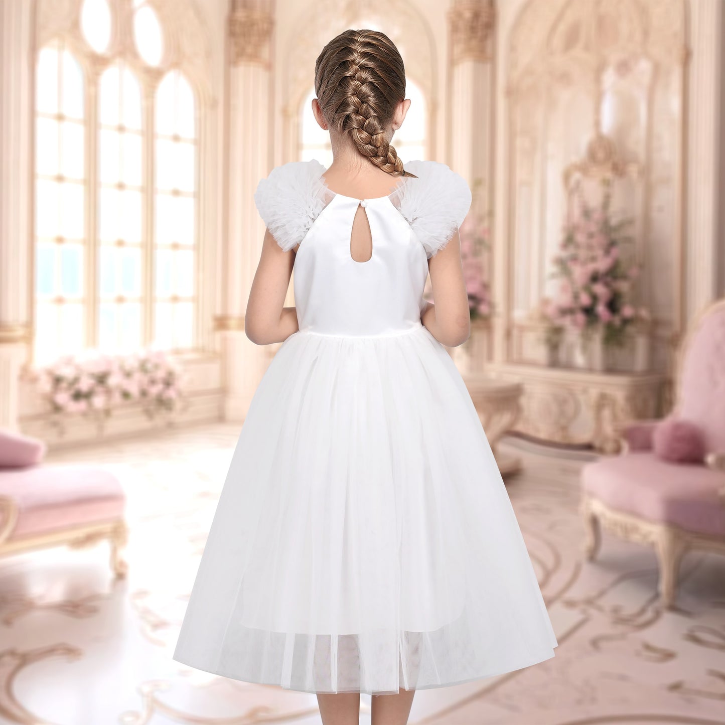 Girls Dress Pink Ruffle Tulle Birthday Party Elegant Formal Bridesmaid White