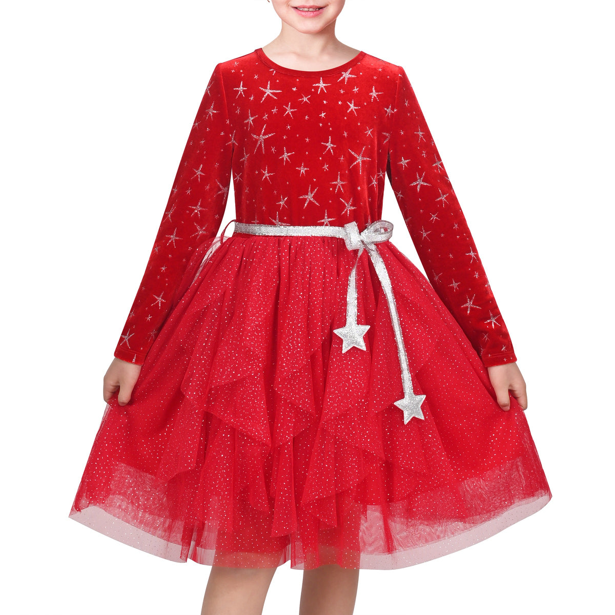 Girls Dress Black Heart Tulle Party Velvet Valentine's Day Party - Red Star