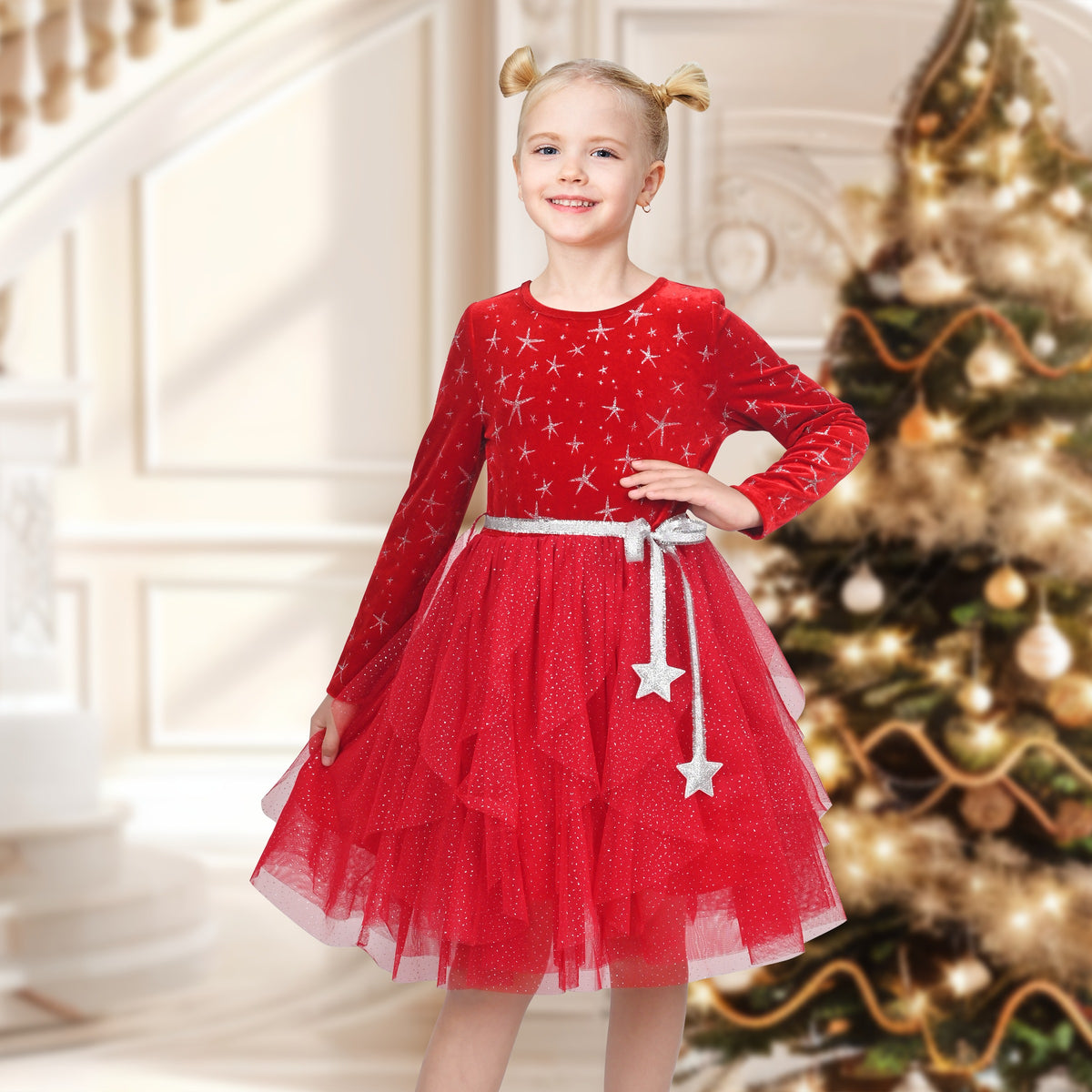 Girls Dress Black Heart Tulle Party Velvet Valentine's Day Party - Red Star