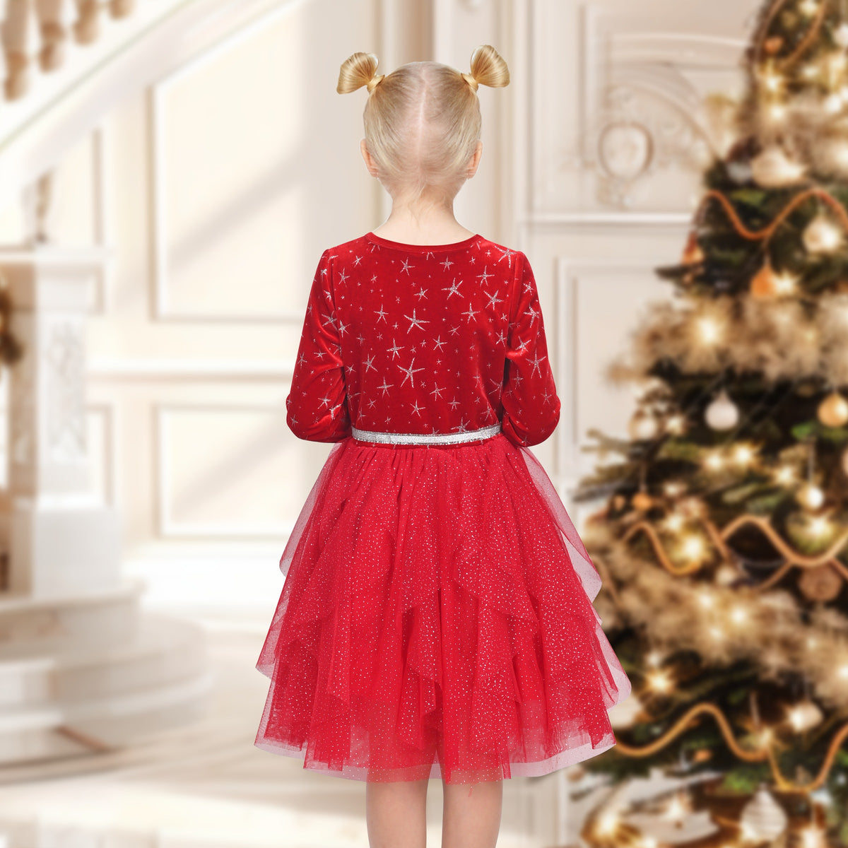 Girls Dress Black Heart Tulle Party Velvet Valentine's Day Party - Red Star
