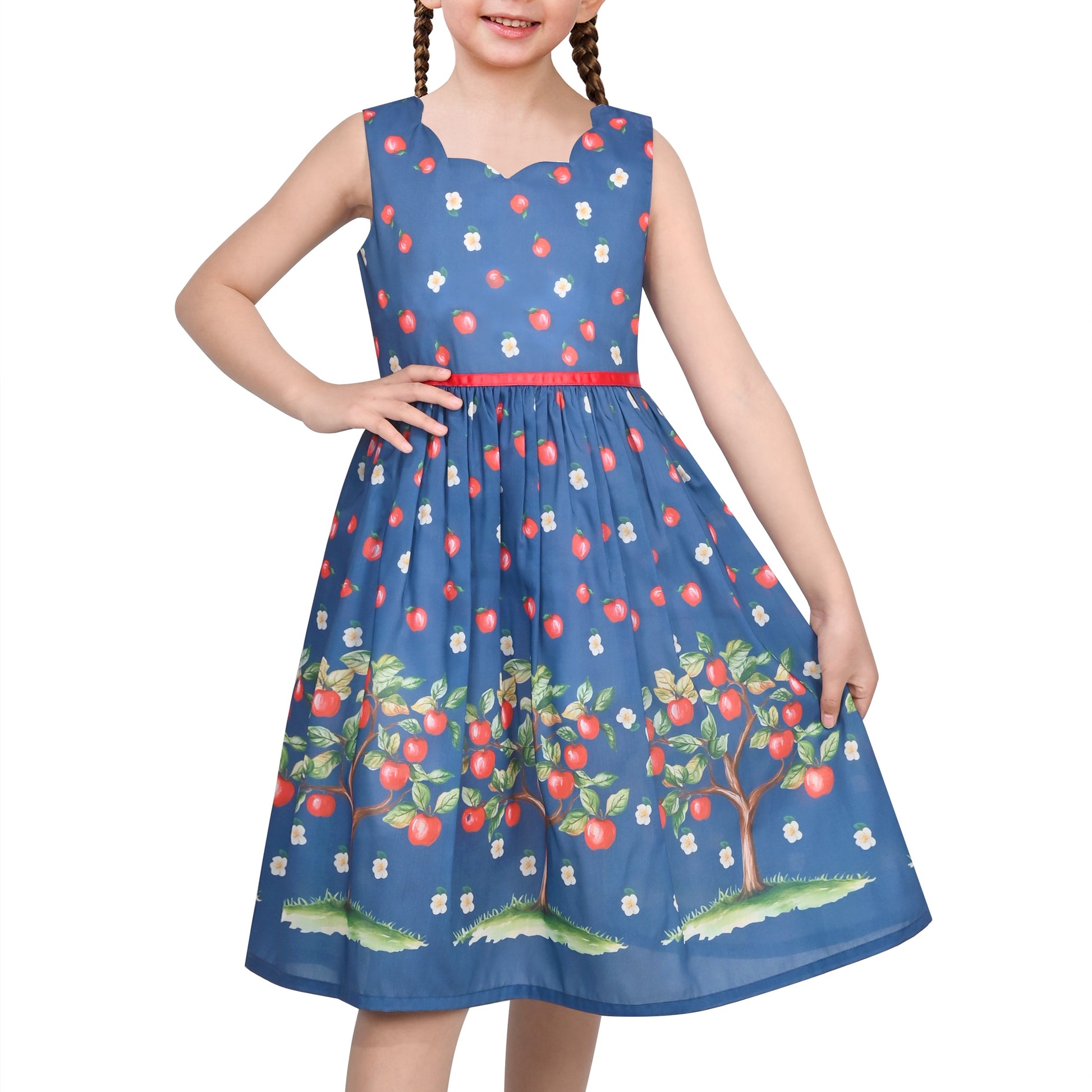 Girls Dress Green Strawberry Floral Zigzag Cute Sleeveless Casual Holiday Blue
