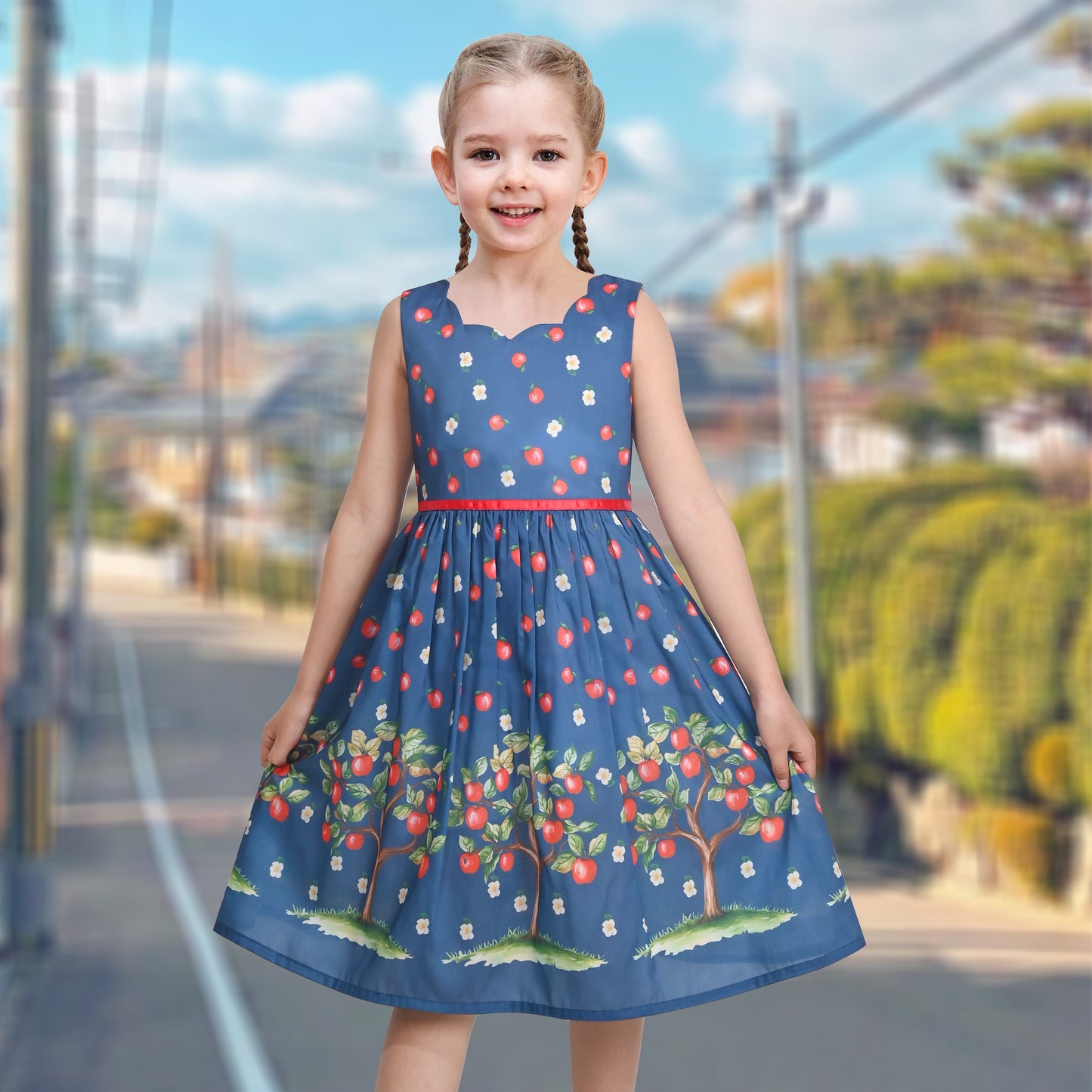 Girls Dress Green Strawberry Floral Zigzag Cute Sleeveless Casual Holiday Blue