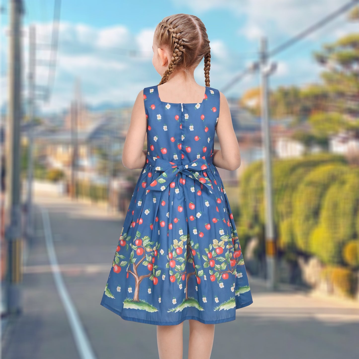 Girls Dress Green Strawberry Floral Zigzag Cute Sleeveless Casual Holiday Blue