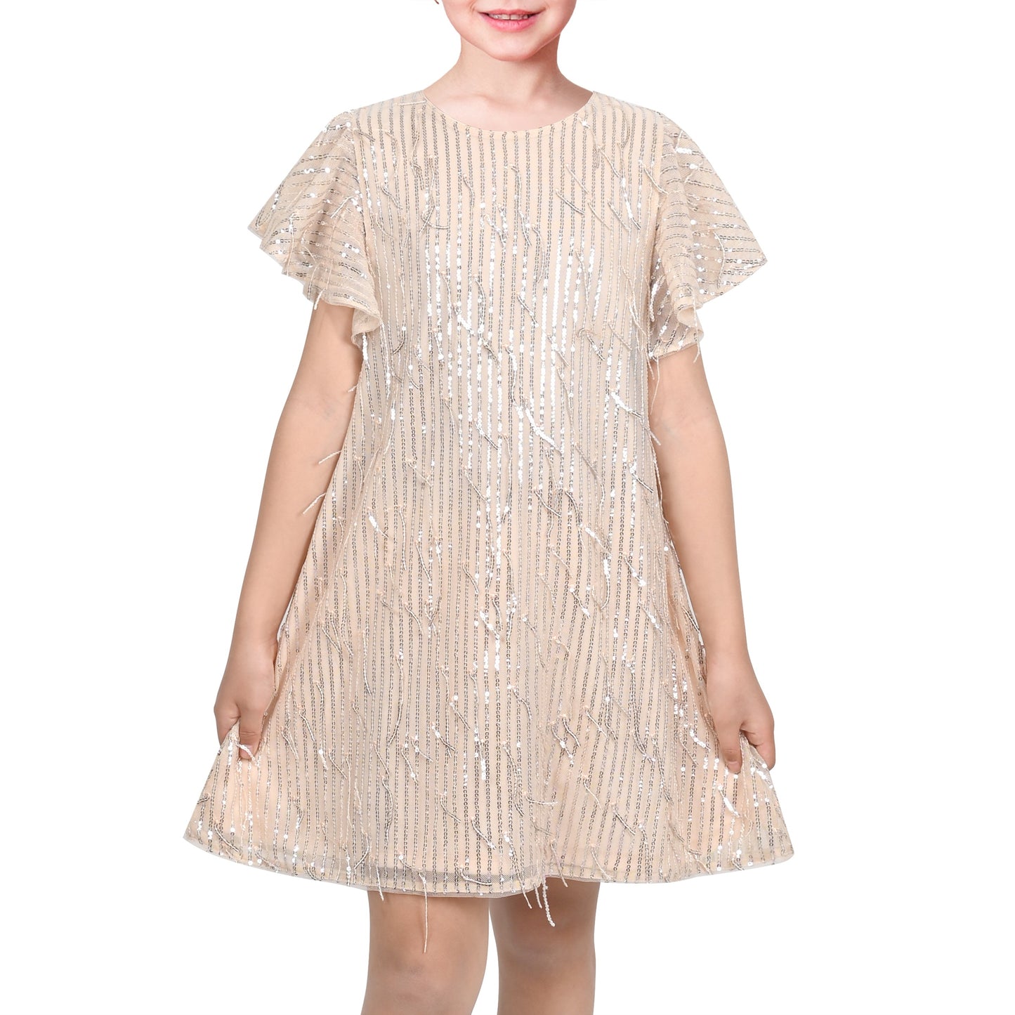 Girls Dress Pink Sequin Mesh Short Flutter Sleeve Keyhole Party Casual Beige