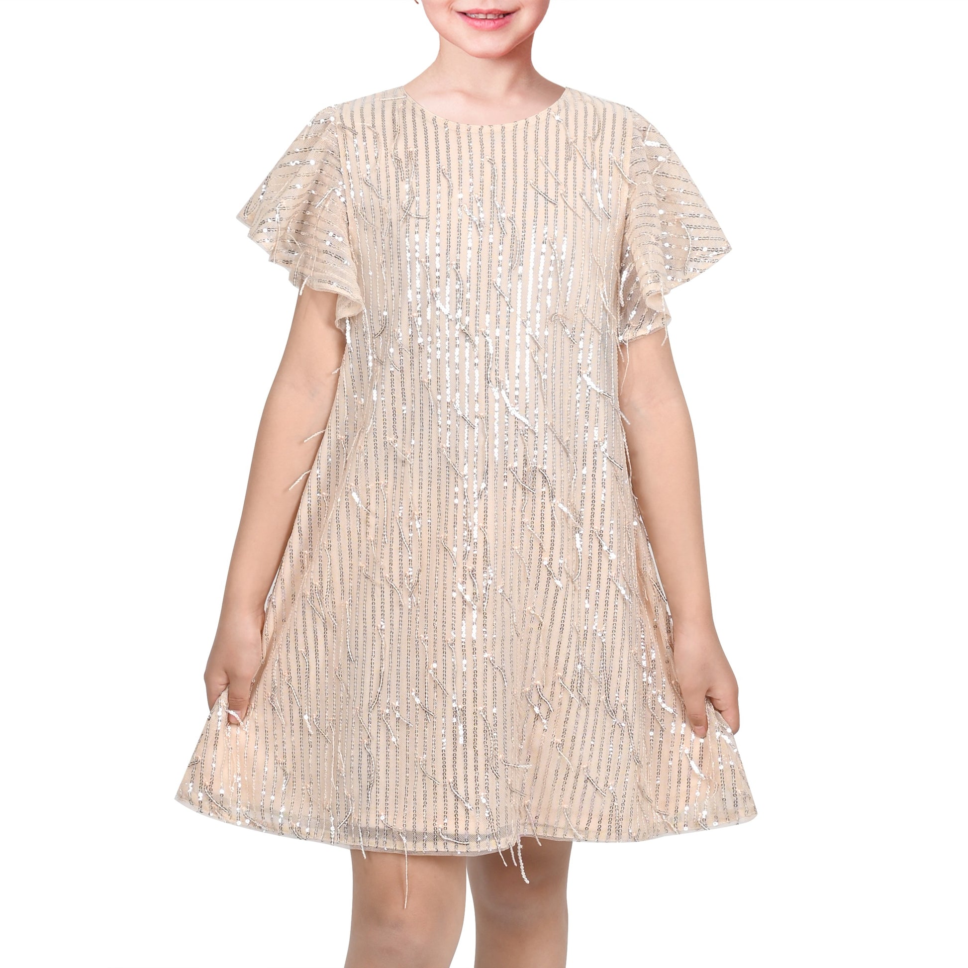 Girls Dress Pink Sequin Mesh Short Flutter Sleeve Keyhole Party Casual Beige