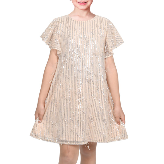Girls Dress Pink Sequin Mesh Short Flutter Sleeve Keyhole Party Casual Beige