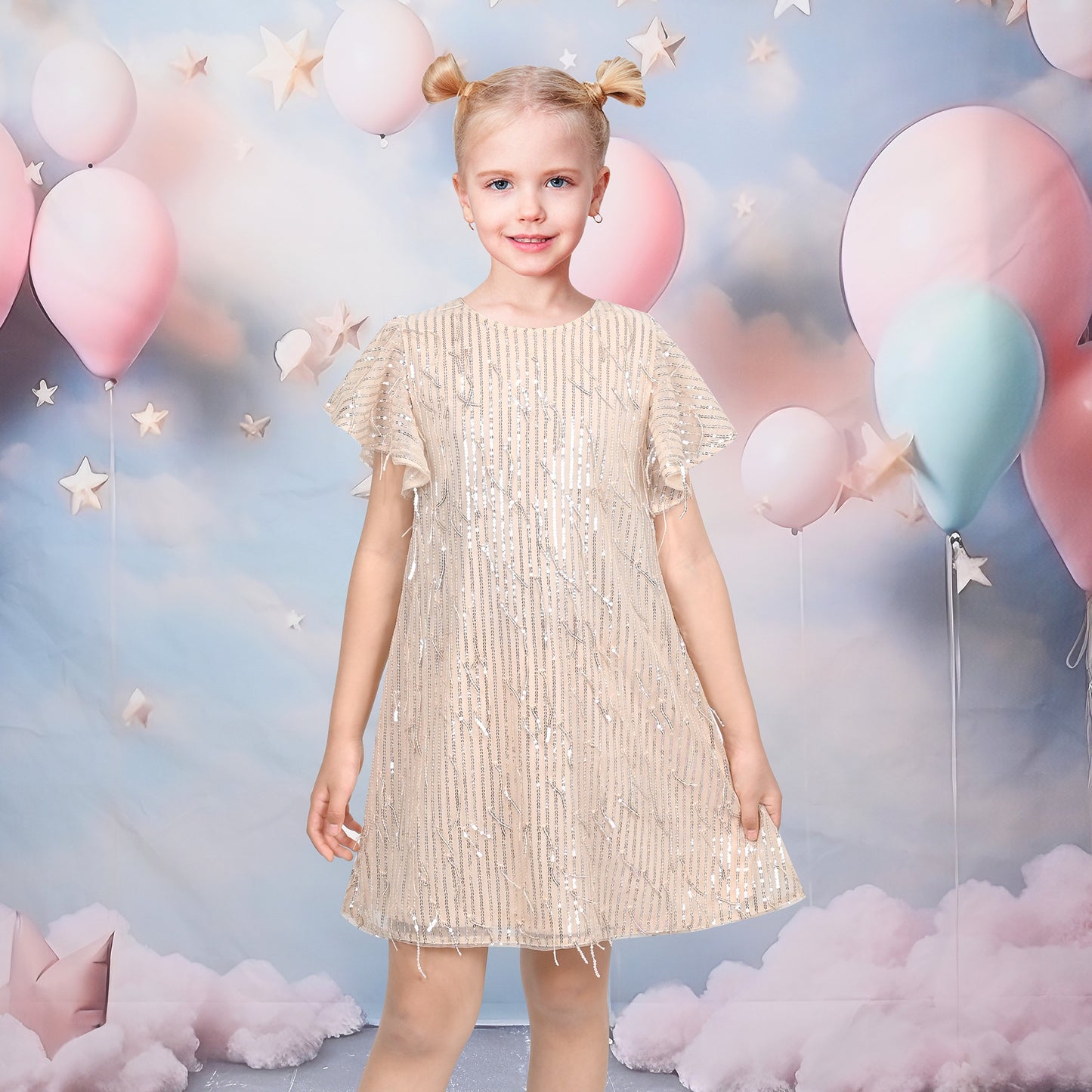 Girls Dress Pink Sequin Mesh Short Flutter Sleeve Keyhole Party Casual Beige