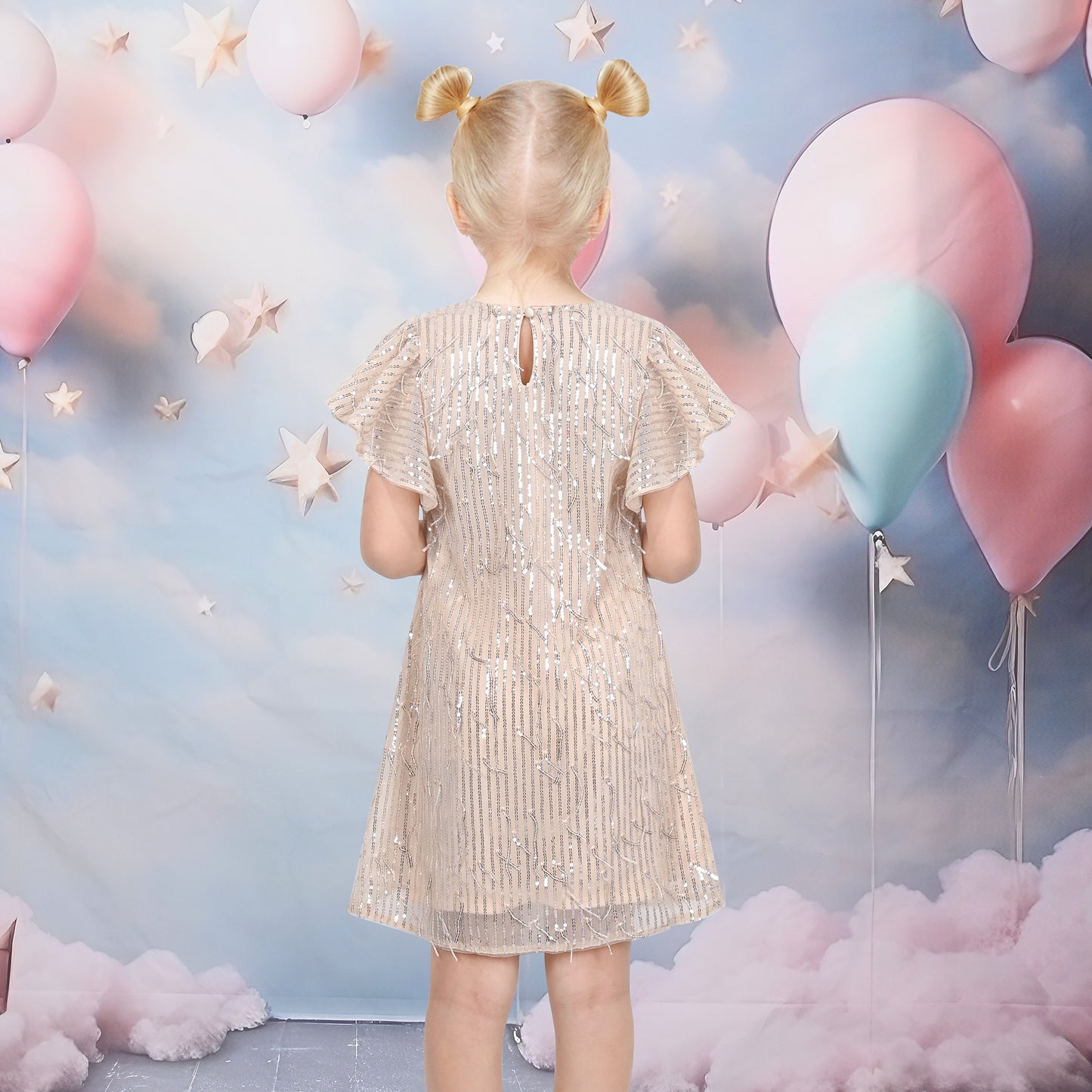 Girls Dress Pink Sequin Mesh Short Flutter Sleeve Keyhole Party Casual Beige