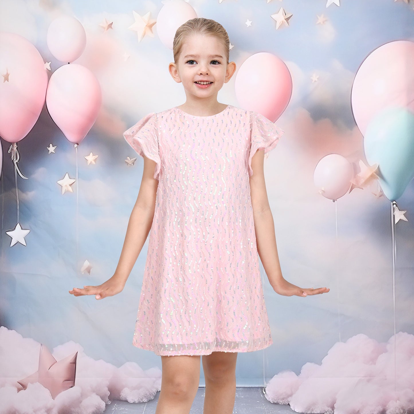 Girls Dress Pink Sequin Mesh Short Flutter Sleeve Keyhole Party Casual Pink