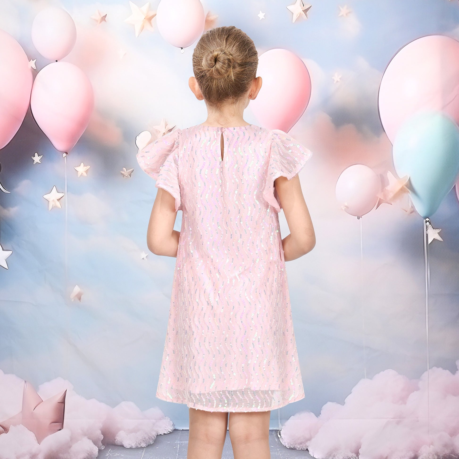 Girls Dress Pink Sequin Mesh Short Flutter Sleeve Keyhole Party Casual Pink