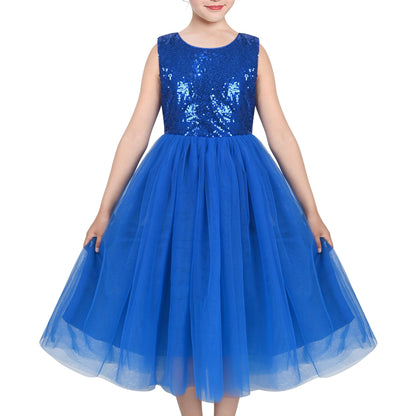 Girls Dress Sleeveless Burgundy Ball Gown Wedding Party Pageant - Royal Blue Sequin