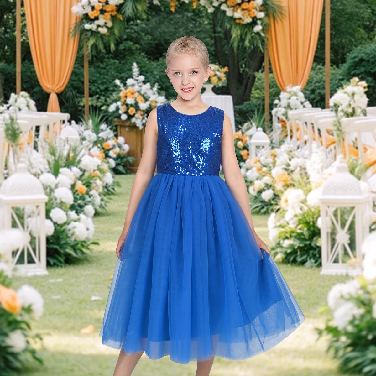 Girls Dress Sleeveless Burgundy Ball Gown Wedding Party Pageant - Royal Blue Sequin