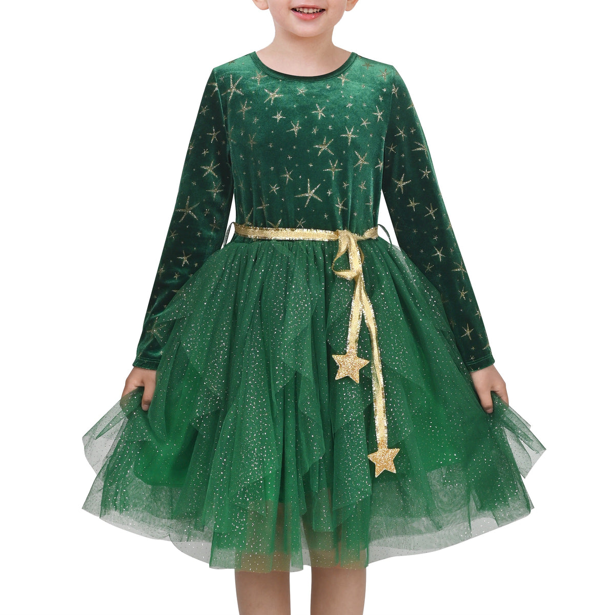 Girls Dress Black Heart Tulle Party Velvet Valentine's Day Party - Green Star