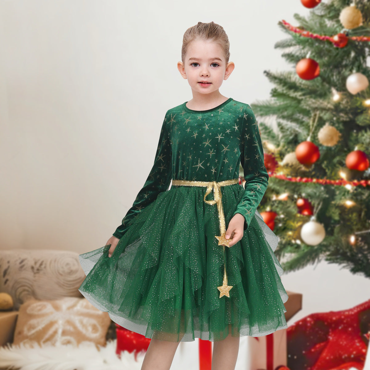 Girls Dress Black Heart Tulle Party Velvet Valentine's Day Party - Green Star