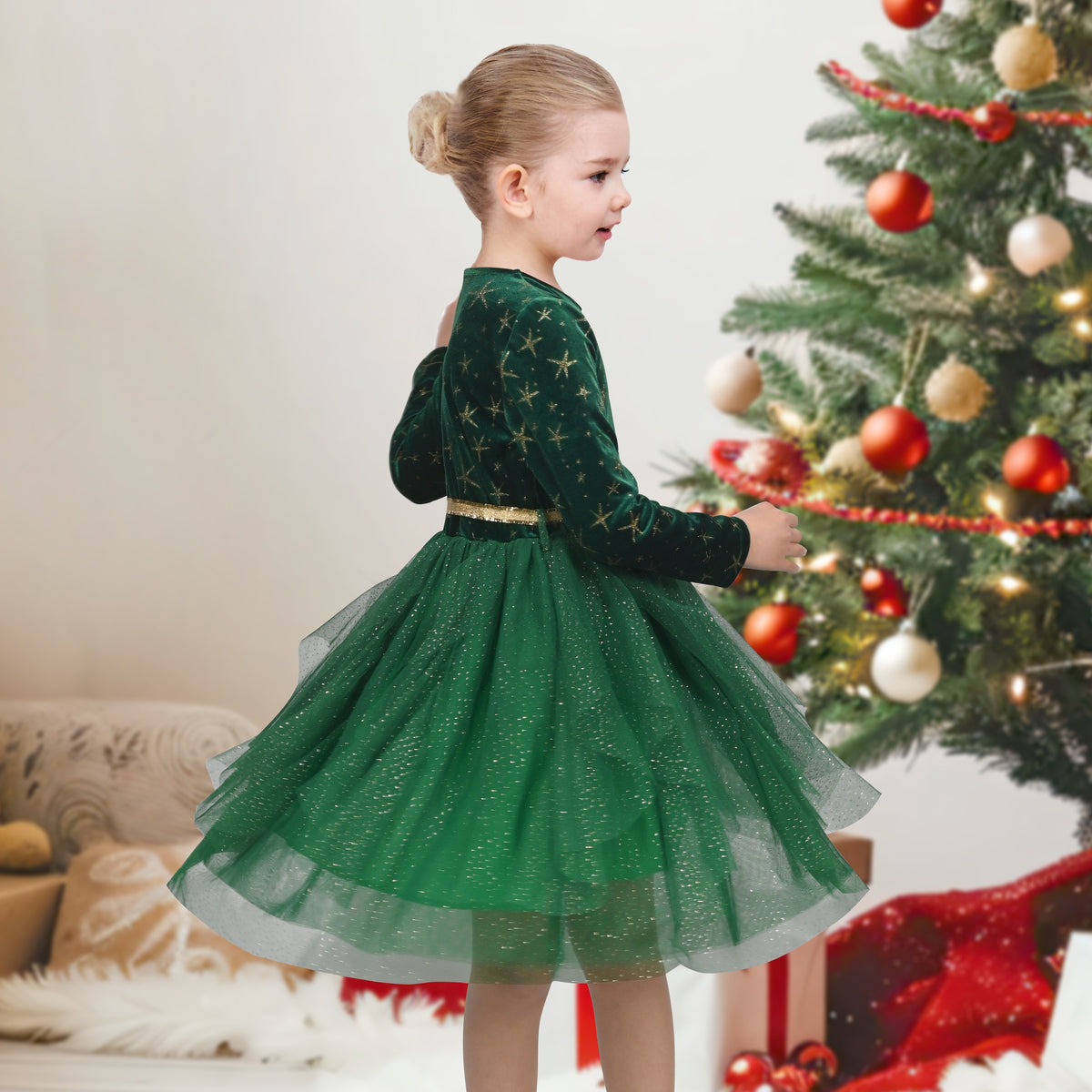 Girls Dress Black Heart Tulle Party Velvet Valentine's Day Party - Green Star