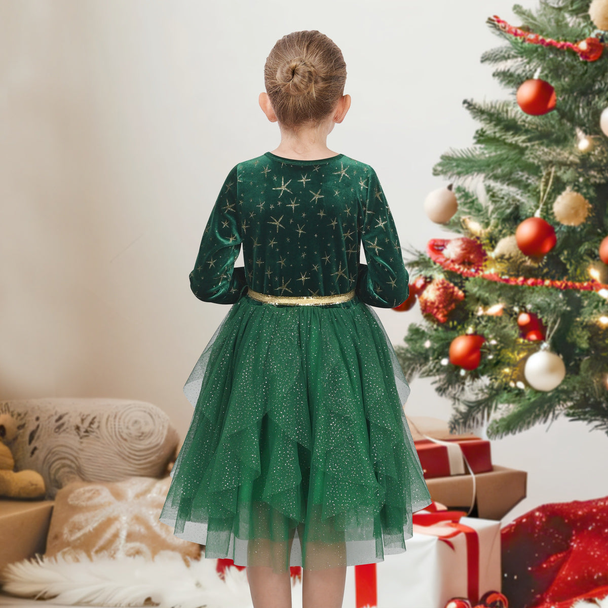 Girls Dress Black Heart Tulle Party Velvet Valentine's Day Party - Green Star