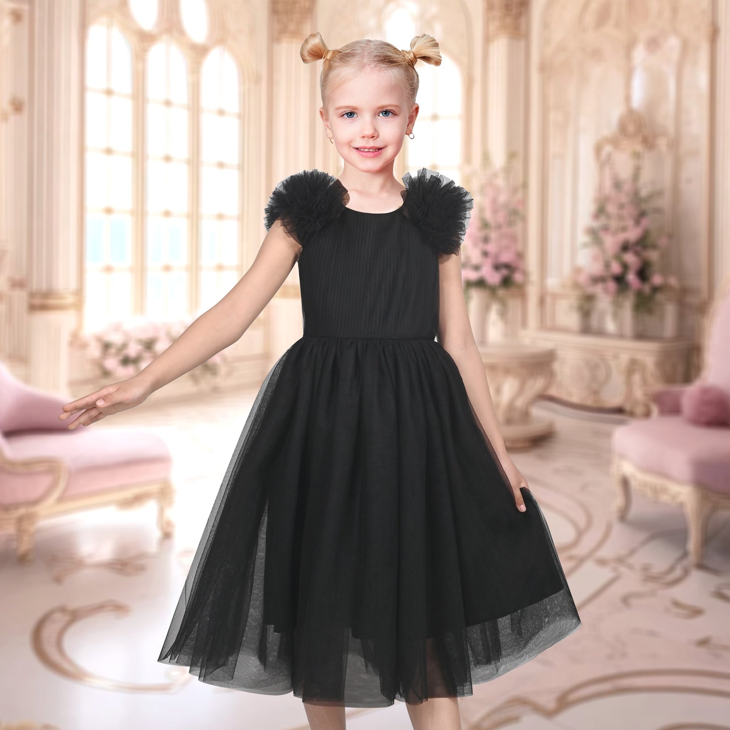 Girls Dress Pink Ruffle Tulle Birthday Party Elegant Formal Bridesmaid Black
