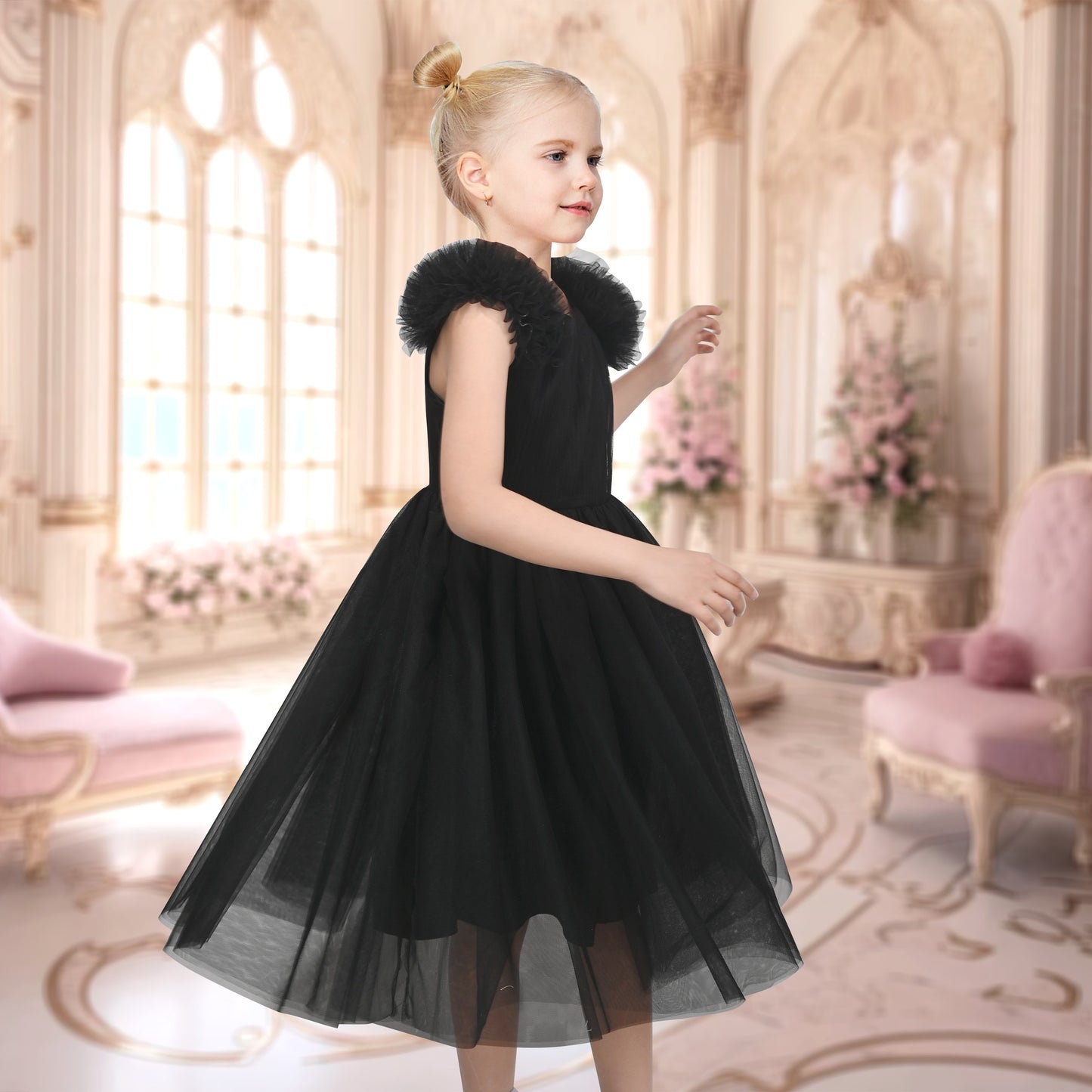 Girls Dress Pink Ruffle Tulle Birthday Party Elegant Formal Bridesmaid Black
