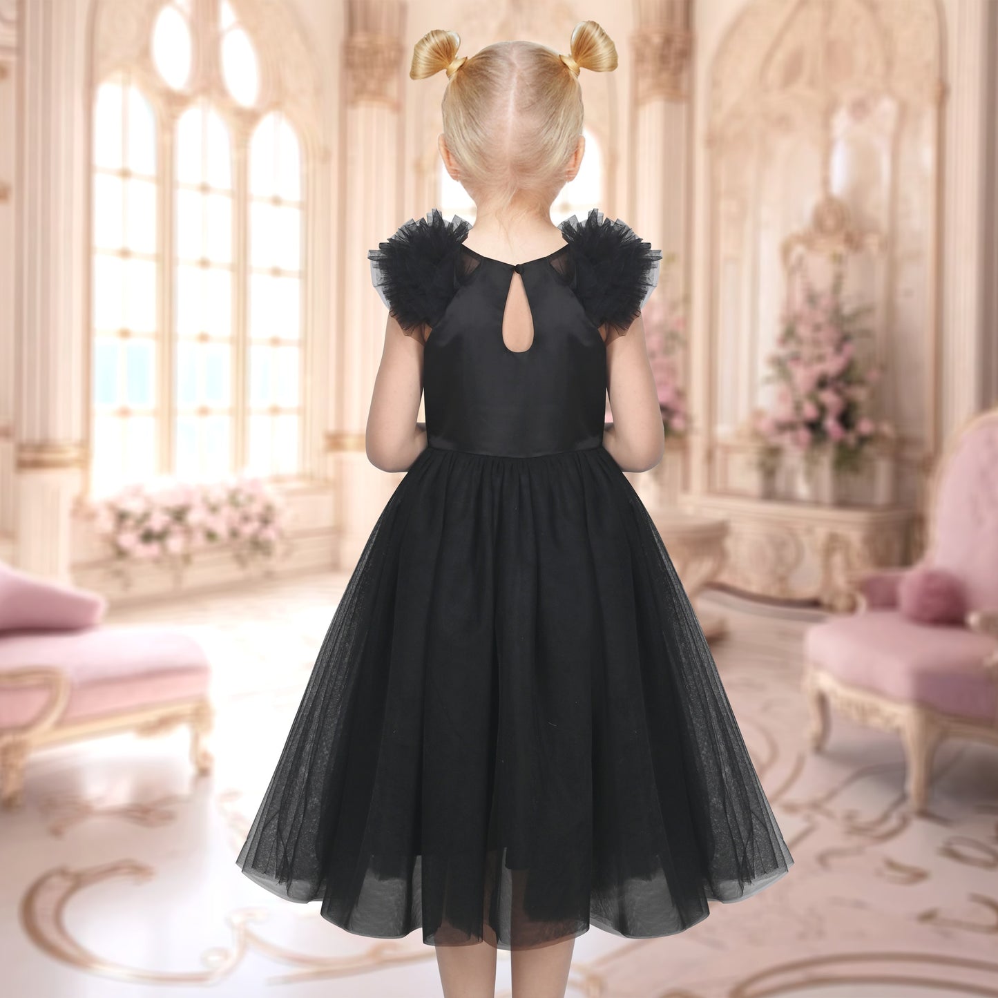 Girls Dress Pink Ruffle Tulle Birthday Party Elegant Formal Bridesmaid Black