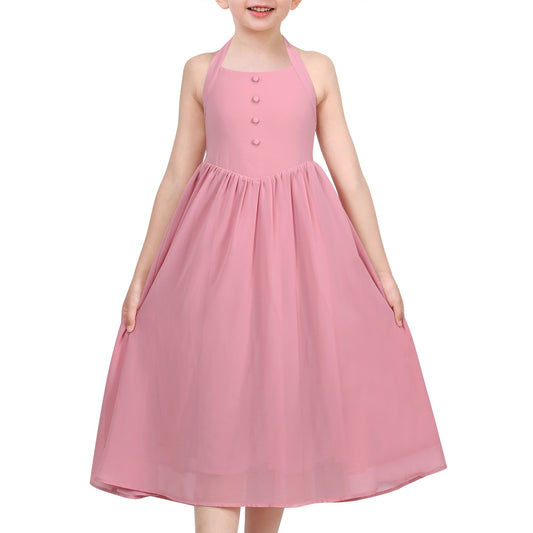 Girls Dress Rose Halter Button Smocked Tie Back Beach Party Chiffon Pink