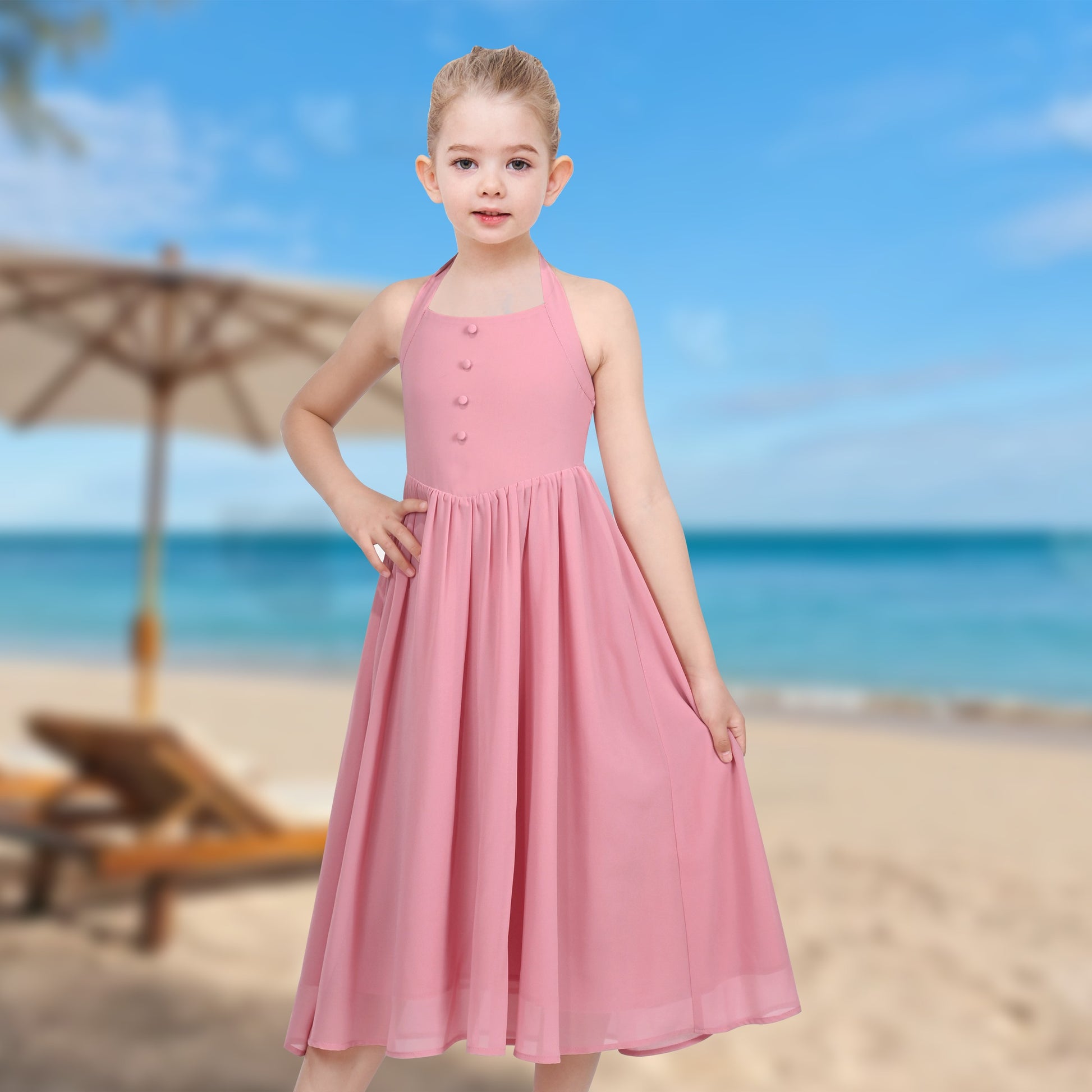 Girls Dress Rose Halter Button Smocked Tie Back Beach Party Chiffon Pink