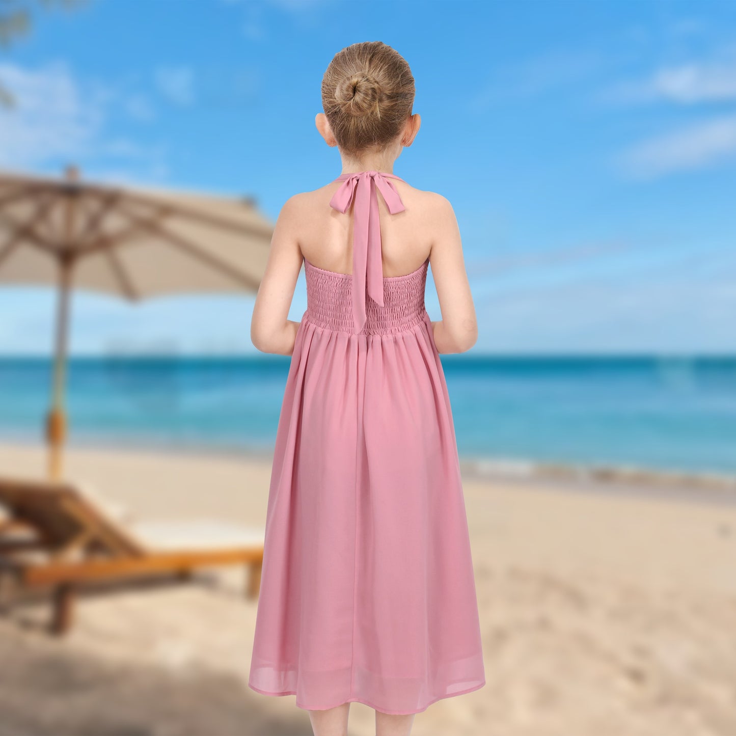Girls Dress Rose Halter Button Smocked Tie Back Beach Party Chiffon Pink