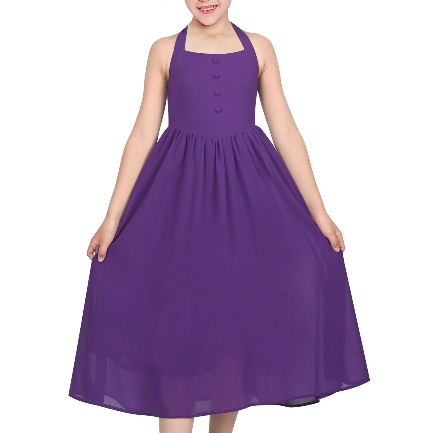 Girls Dress Rose Halter Button Smocked Tie Back Beach Party Chiffon Purple