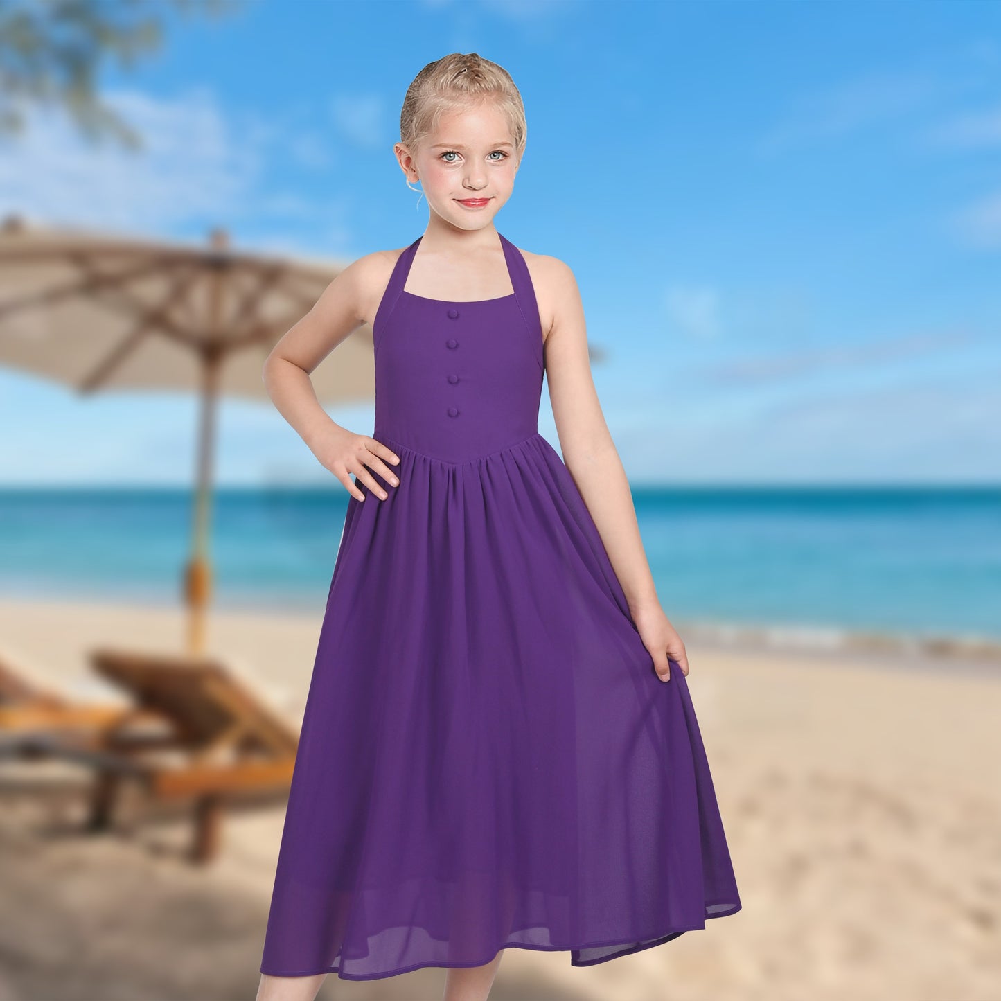 Girls Dress Rose Halter Button Smocked Tie Back Beach Party Chiffon Purple