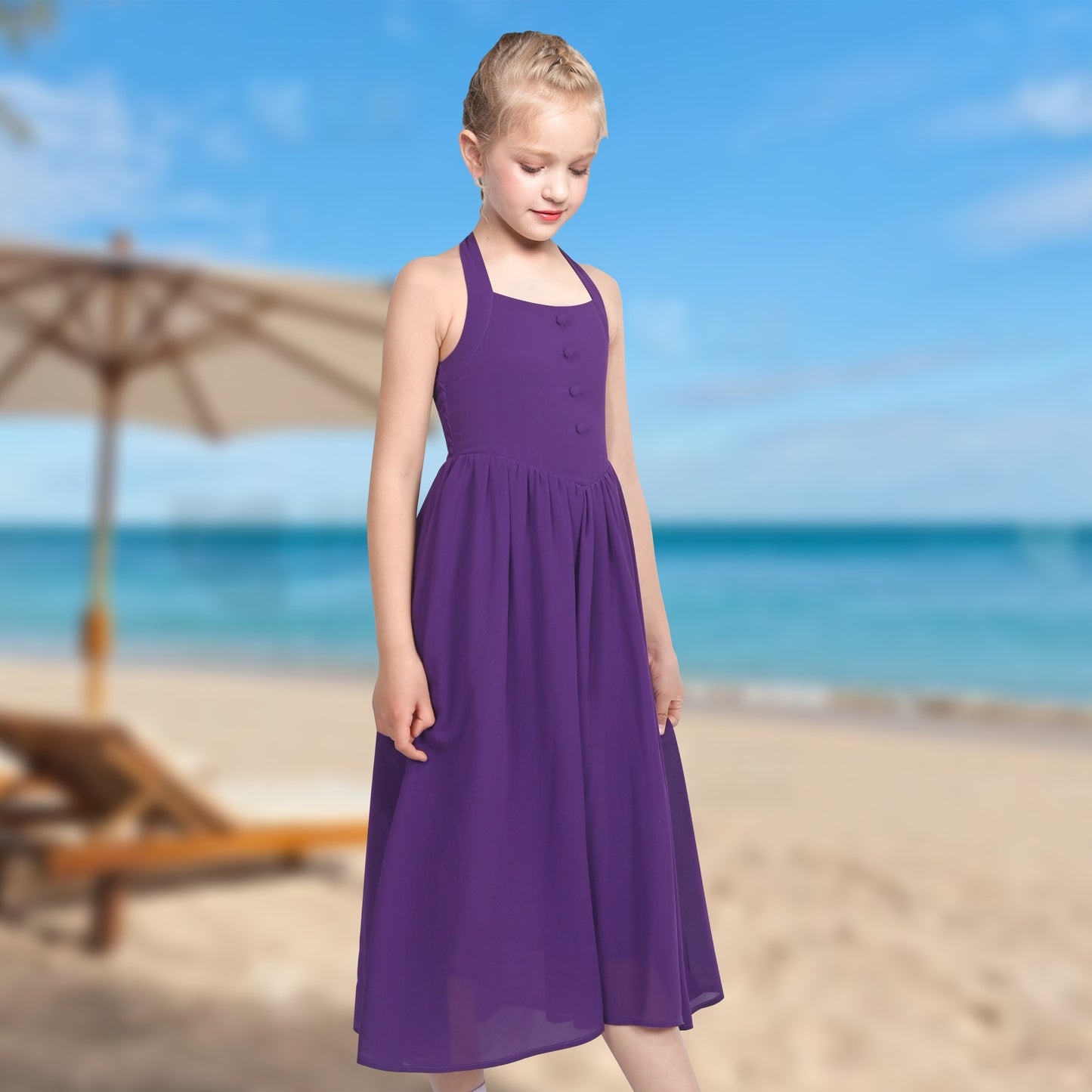Girls Dress Rose Halter Button Smocked Tie Back Beach Party Chiffon Purple
