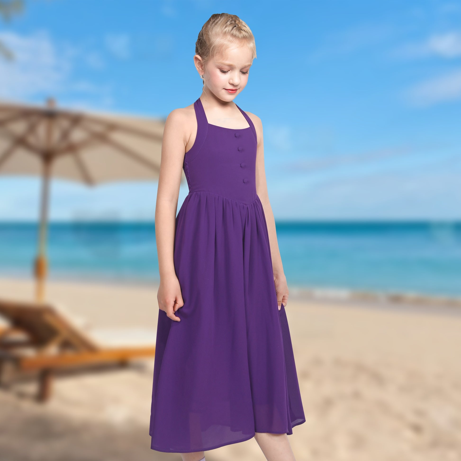 Girls Dress Rose Halter Button Smocked Tie Back Beach Party Chiffon Purple