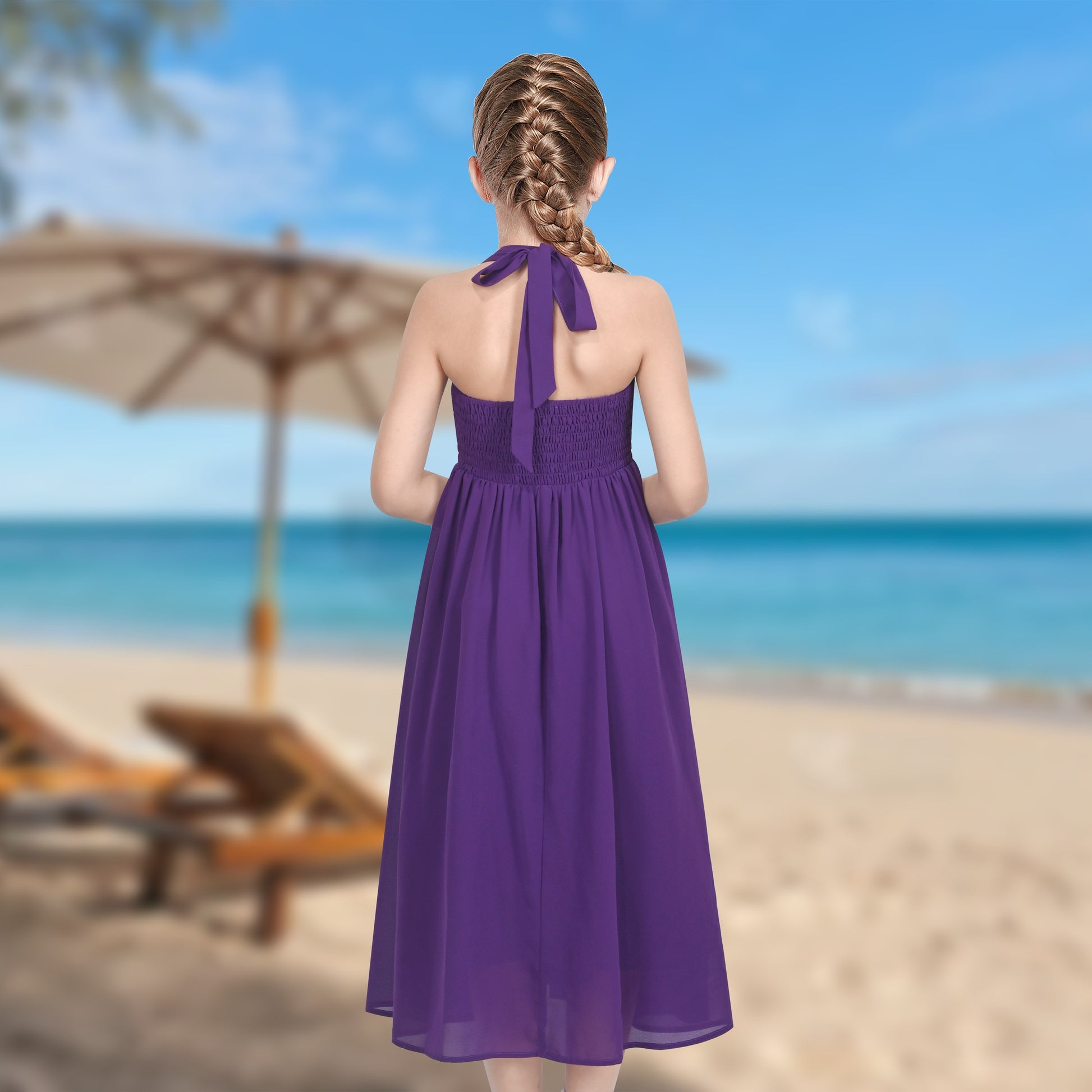 Girls Dress Rose Halter Button Smocked Tie Back Beach Party Chiffon Purple