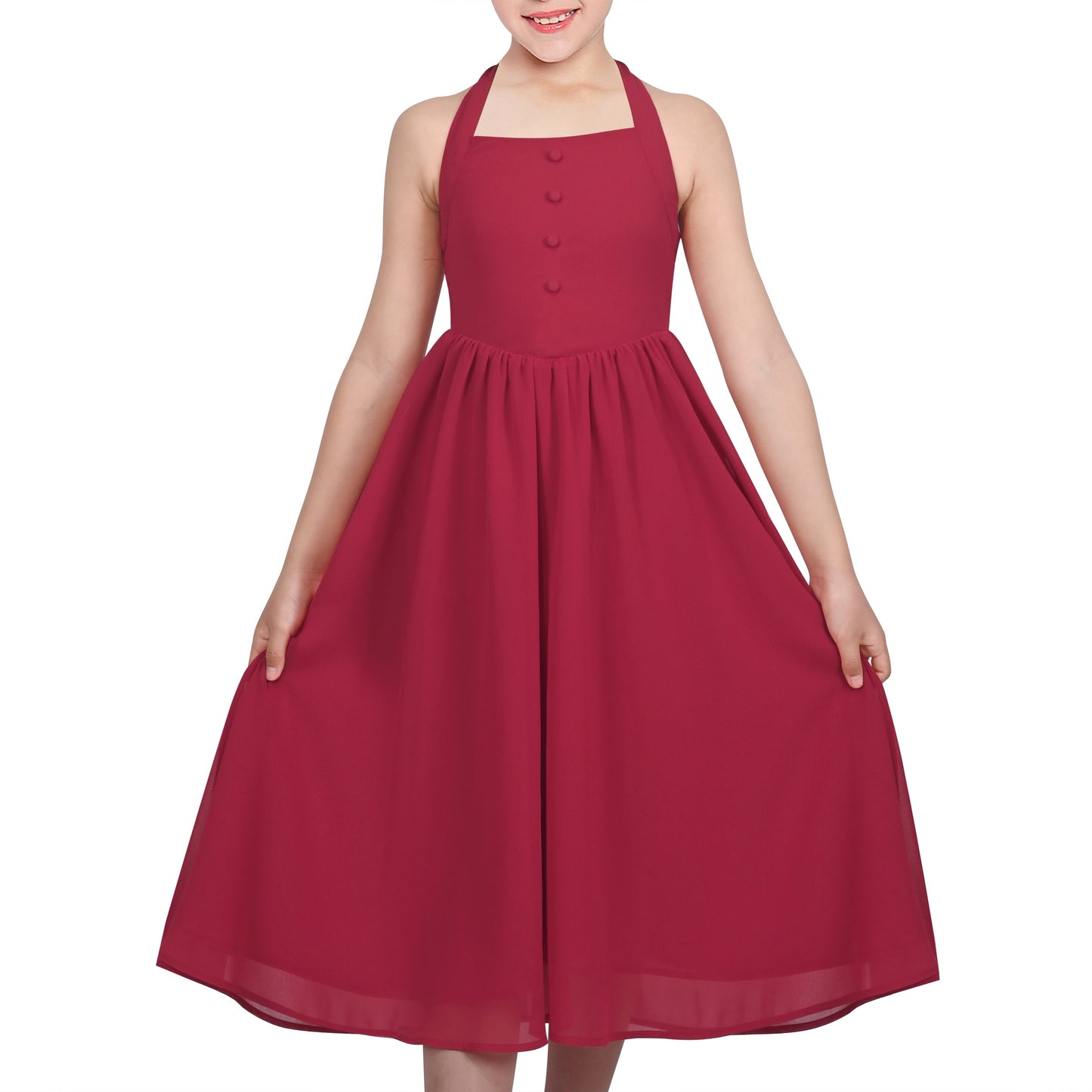 Girls Dress Rose Halter Button Smocked Tie Back Beach Party Chiffon Red