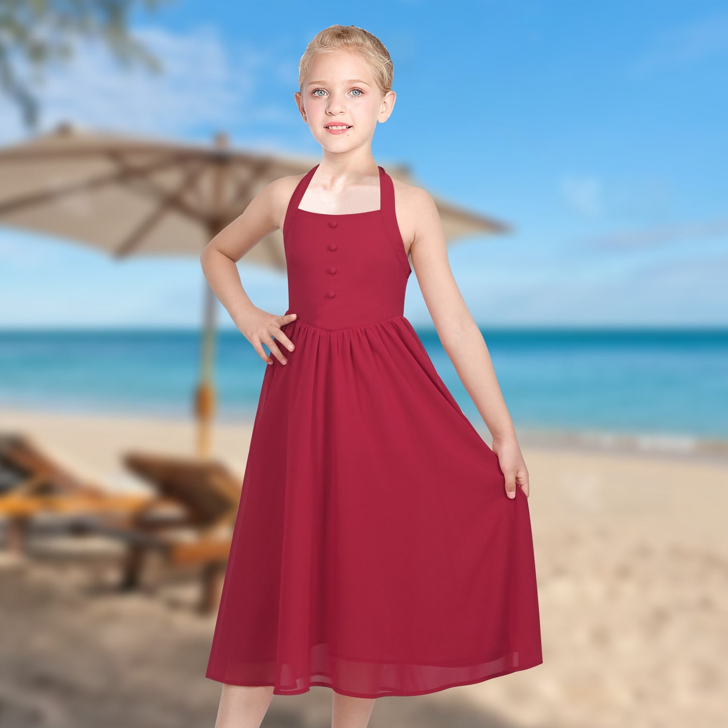 Girls Dress Rose Halter Button Smocked Tie Back Beach Party Chiffon Red