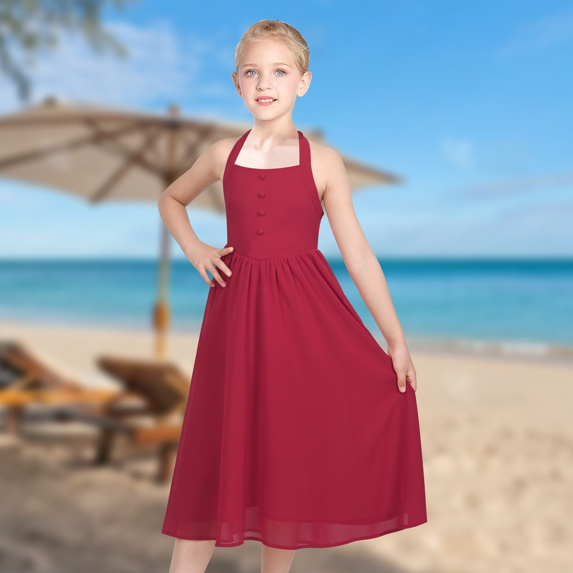 Girls Dress Rose Halter Button Smocked Tie Back Beach Party Chiffon Red