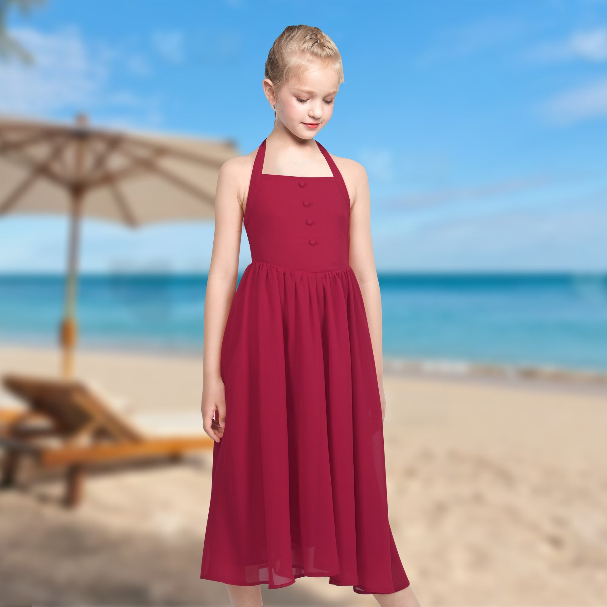 Girls Dress Rose Halter Button Smocked Tie Back Beach Party Chiffon Red