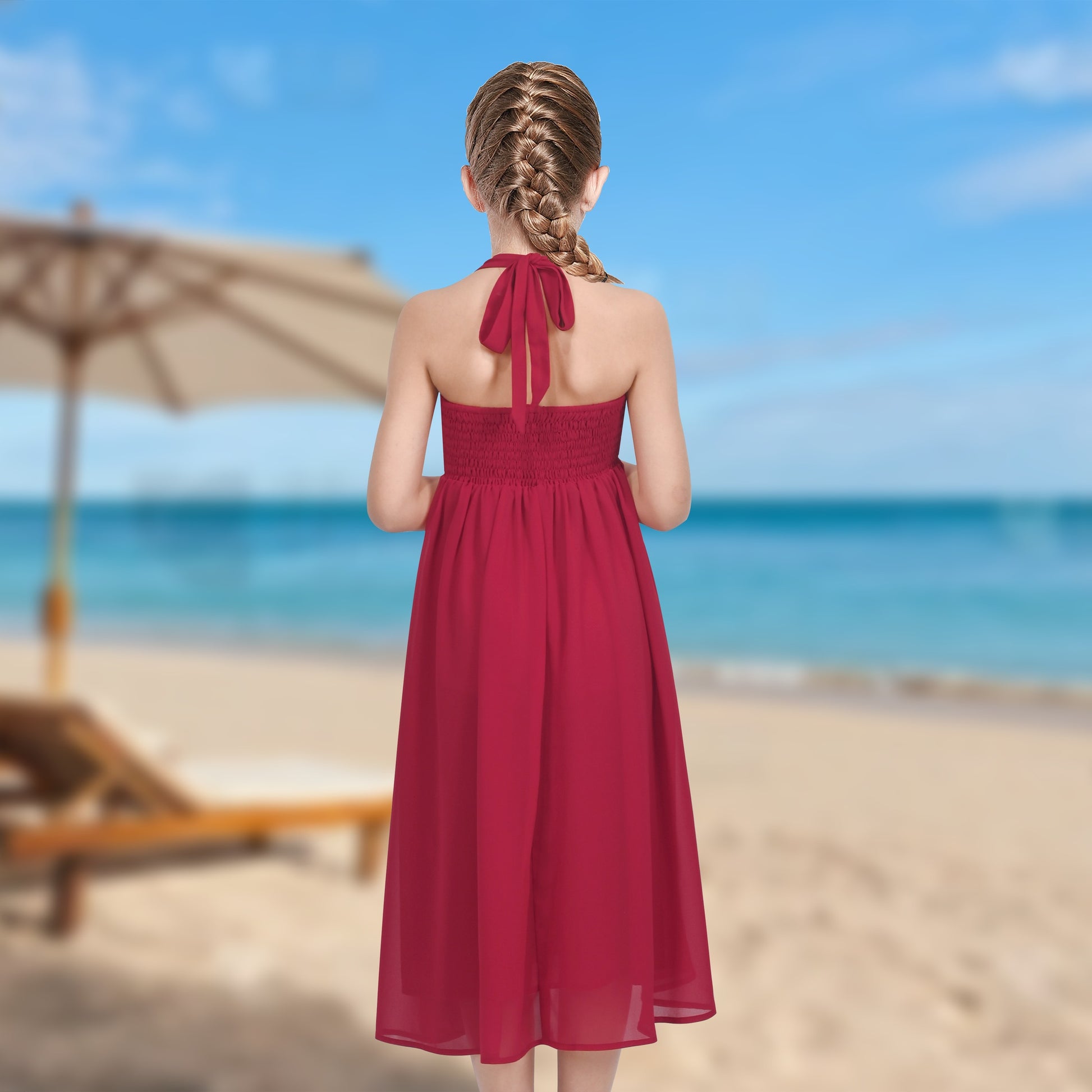 Girls Dress Rose Halter Button Smocked Tie Back Beach Party Chiffon Red