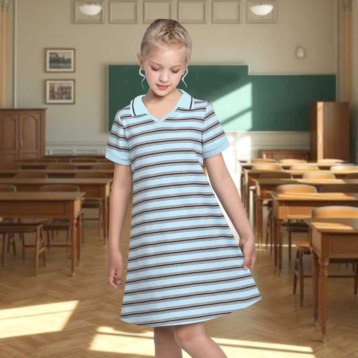Girls Dress Sky Blue T-Shirt Basic Top Classic Loose Straight Cotton Blue